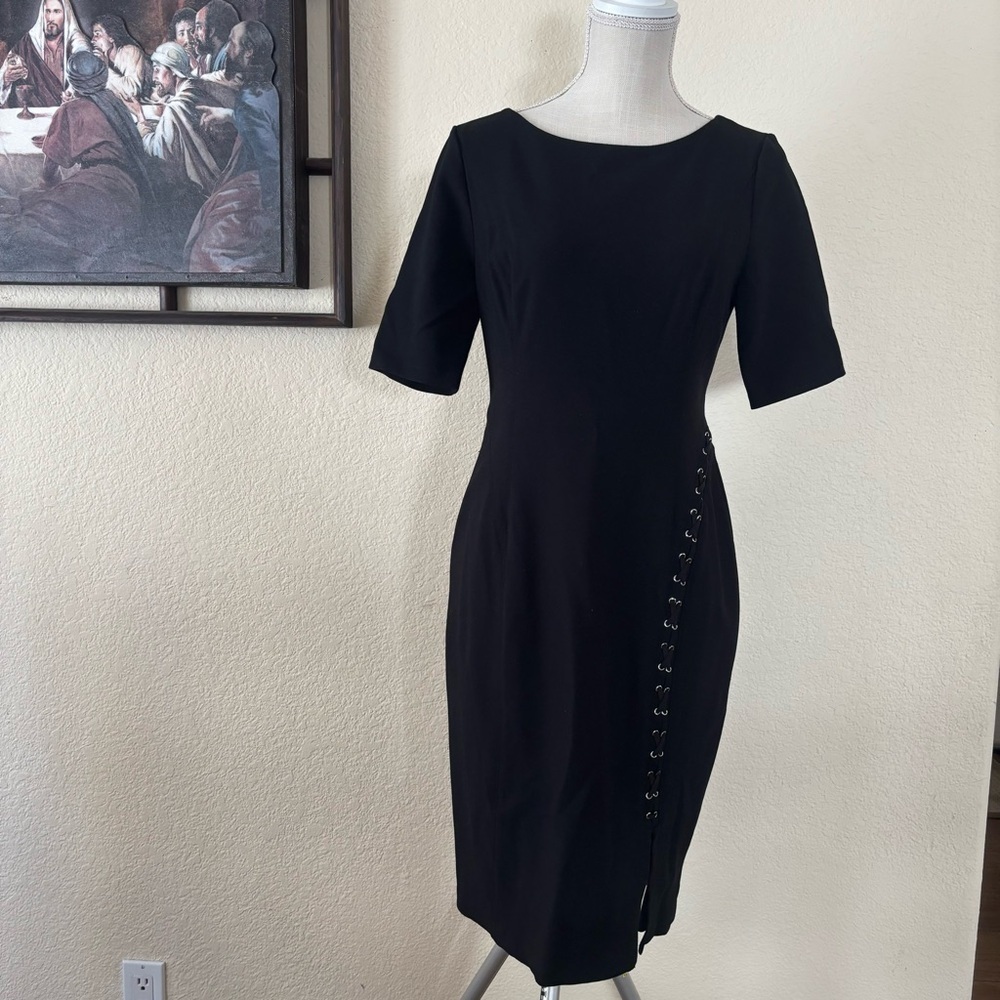 WHBM Black Short Sleeve Lace Up Grommet Side Slit Sheath Dress Boat Neck